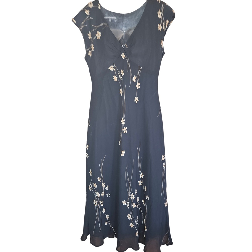Jones Wear Dress Womens 10 Black Floral V-Neck Cap Sleeve Midi Chiffon‎ Sheath